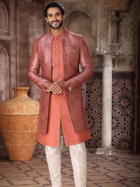 Dynamic Orange Velvet Indo Western Jacket Set for Party and Wedding Wear Mens Wear