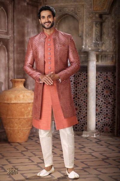Dynamic Orange Velvet Indo Western Jacket Set for Party and Wedding Wear Kurta Pajama Wholesale