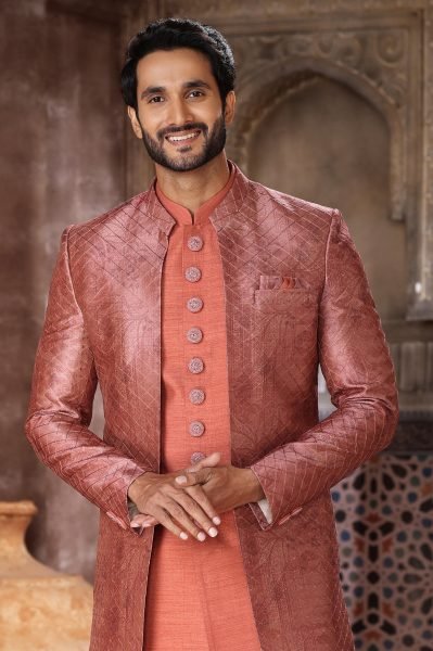 Dynamic Orange Velvet Indo Western Jacket Set for Party and Wedding Wear Kurta Pajama Wholesale