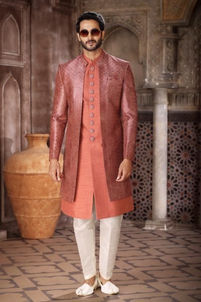 Dynamic Orange Velvet Indo Western Jacket Set for Party and Wedding Wear Kurta Pajama Wholesale