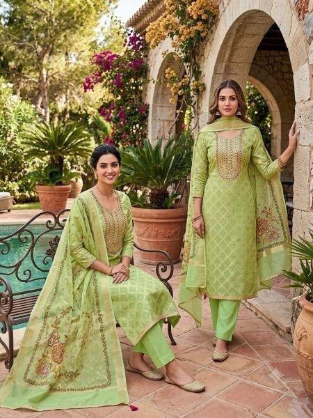 Dynamic Parrot Green Modal Jacquard Coding Foil Work Dress Material for Weddings 