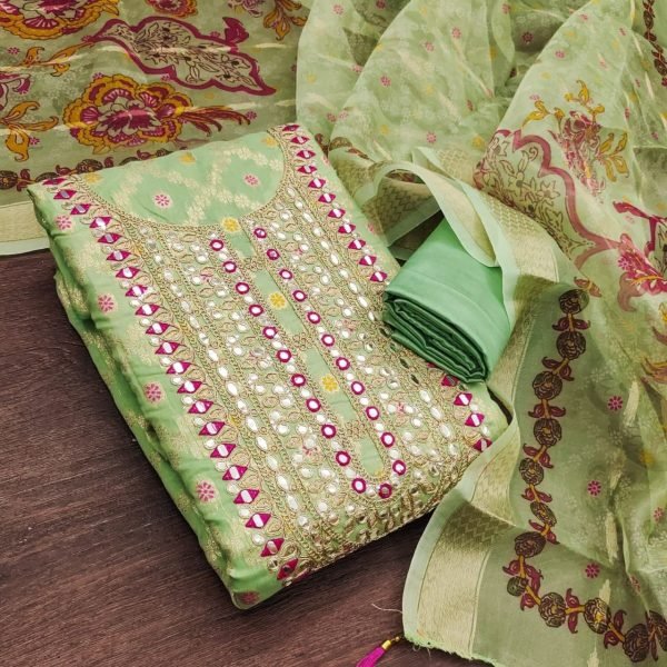 Dynamic Parrot Green Modal Jacquard Coding Foil Work Dress Material for Weddings Color Set Matching Dress Material Wholesale
