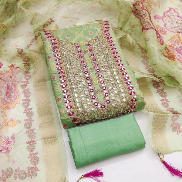 Dynamic Parrot Green Modal Jacquard Coding Foil Work Dress Material for Weddings Color Set Matching Dress Material Wholesale