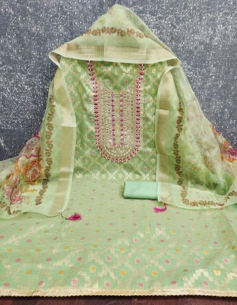 Dynamic Parrot Green Modal Jacquard Coding Foil Work Dress Material for Weddings Color Set Matching Dress Material Wholesale