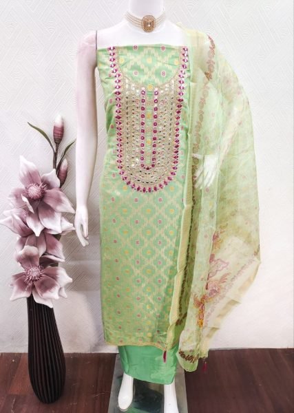 Dynamic Parrot Green Modal Jacquard Coding Foil Work Dress Material for Weddings Color Set Matching Dress Material Wholesale