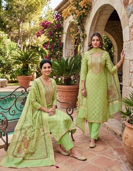 Dynamic Parrot Green Modal Jacquard Coding Foil Work Dress Material for Weddings Color Set Matching Dress Material Wholesale