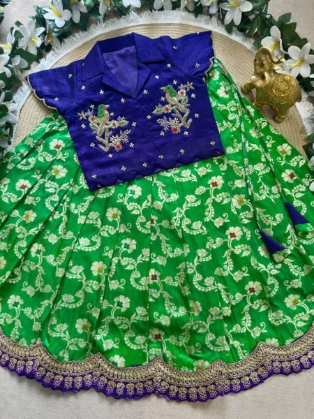 Dynamic Parrot Green Wedding Wear Girls Lehenga Choli with Maggam Embroidery Girls Wear