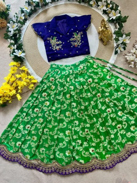 Dynamic Parrot Green Wedding Wear Girls Lehenga Choli with Maggam Embroidery Girls Wear