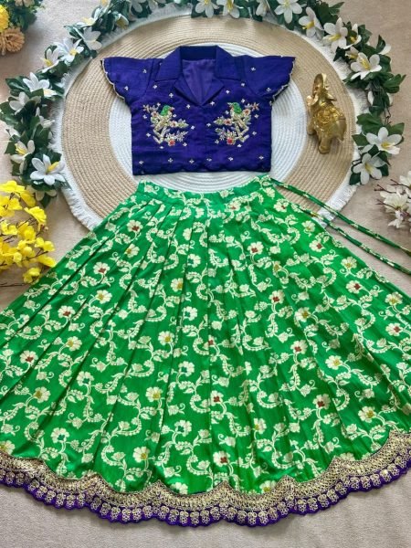 Dynamic Parrot Green Wedding Wear Girls Lehenga Choli with Maggam Embroidery Girls Wear