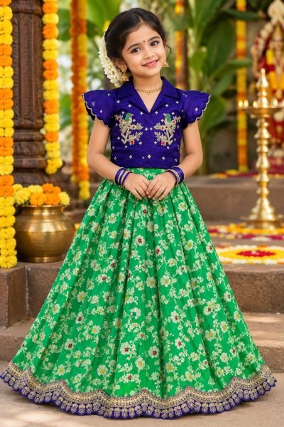 Dynamic Parrot Green Wedding Wear Girls Lehenga Choli with Maggam Embroidery Girls Wear