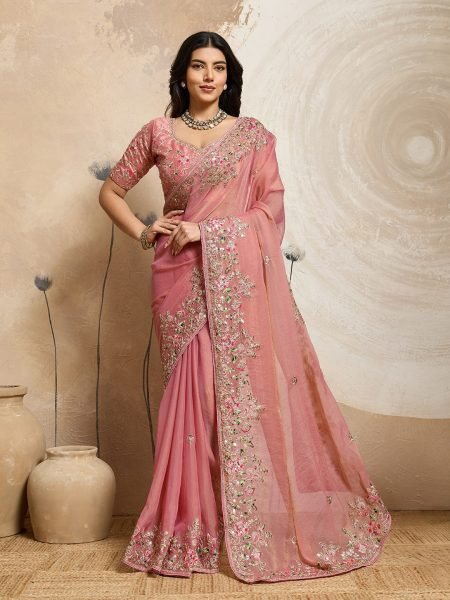 Dynamic Peach Chiffon Saree with Embroidered Blouse for Reception Wear Designer Wedding Sarees Wholesale