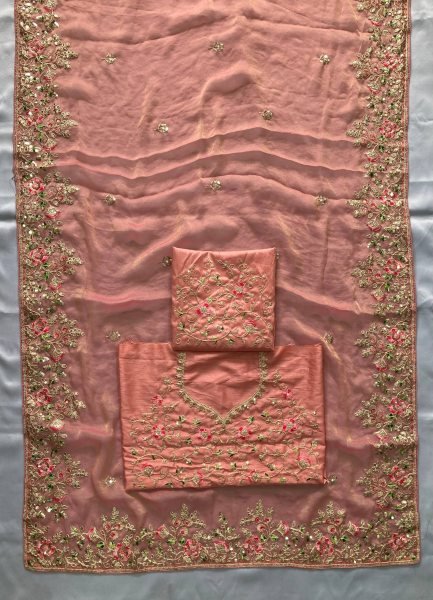 Dynamic Peach Chiffon Saree with Embroidered Blouse for Reception Wear Designer Wedding Sarees Wholesale