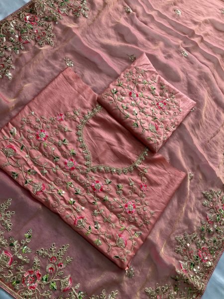 Dynamic Peach Chiffon Saree with Embroidered Blouse for Reception Wear Designer Wedding Sarees Wholesale