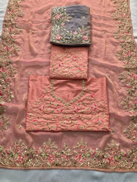 Dynamic Peach Chiffon Saree with Embroidered Blouse for Reception Wear Designer Wedding Sarees Wholesale