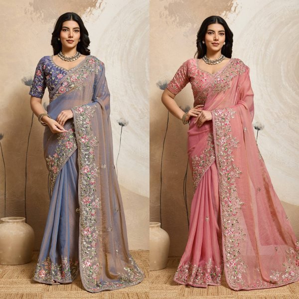 Dynamic Peach Chiffon Saree with Embroidered Blouse for Reception Wear Designer Wedding Sarees Wholesale