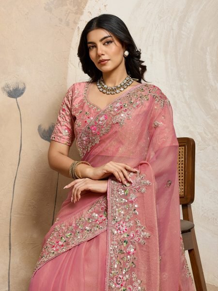 Dynamic Peach Chiffon Saree with Embroidered Blouse for Reception Wear Designer Wedding Sarees Wholesale