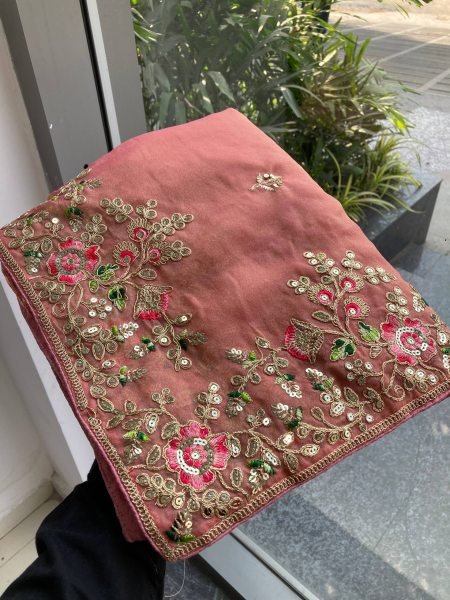 Dynamic Peach Chiffon Saree with Embroidered Blouse for Reception Wear Designer Wedding Sarees Wholesale