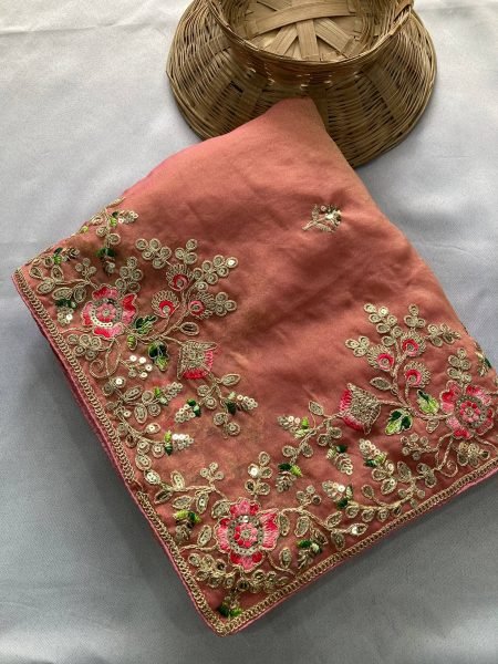 Dynamic Peach Chiffon Saree with Embroidered Blouse for Reception Wear Designer Wedding Sarees Wholesale