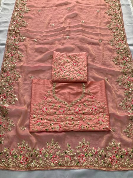Dynamic Peach Chiffon Saree with Embroidered Blouse for Reception Wear Designer Wedding Sarees Wholesale