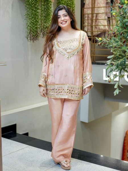 Dynamic Peach Crepe Embroidered Kurti Pant Set with Premium Soft Fabric and Modern Ethnic Style 