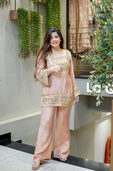 Dynamic Peach Crepe Embroidered Kurti Pant Set with Premium Soft Fabric and Modern Ethnic Style CO ORD Sets