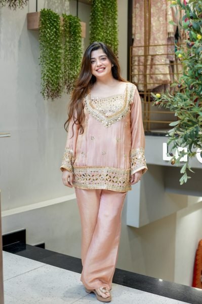 Dynamic Peach Crepe Embroidered Kurti Pant Set with Premium Soft Fabric and Modern Ethnic Style CO ORD Sets