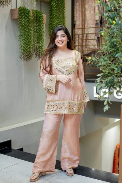 Dynamic Peach Crepe Embroidered Kurti Pant Set with Premium Soft Fabric and Modern Ethnic Style CO ORD Sets