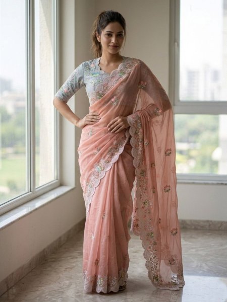 Dynamic Peach Embroidered Fox Georgette Saree with Designer Silk Blouse for Party Wear Sarees 