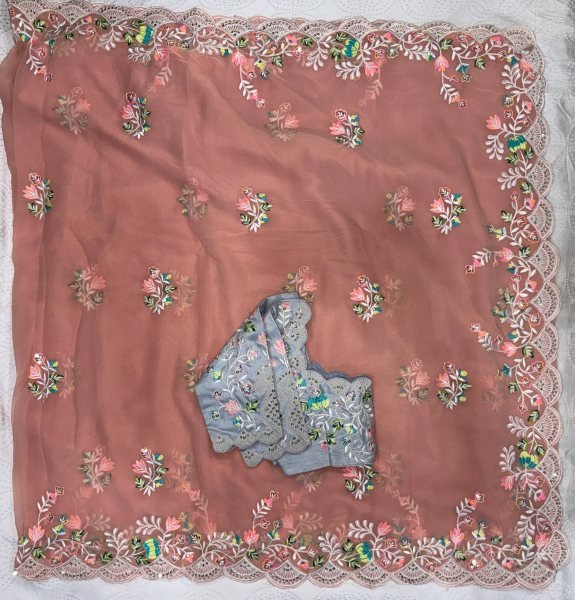 Dynamic Peach Embroidered Fox Georgette Saree with Designer Silk Blouse for Party Wear Silk Sarees Wholesale
