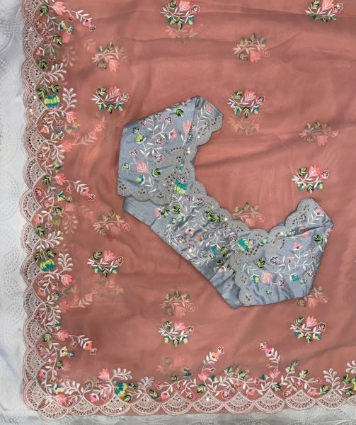 Dynamic Peach Embroidered Fox Georgette Saree with Designer Silk Blouse for Party Wear Silk Sarees Wholesale