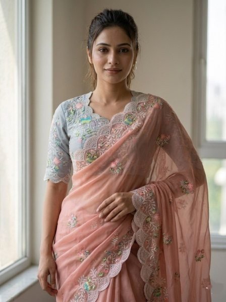 Dynamic Peach Embroidered Fox Georgette Saree with Designer Silk Blouse for Party Wear Silk Sarees Wholesale