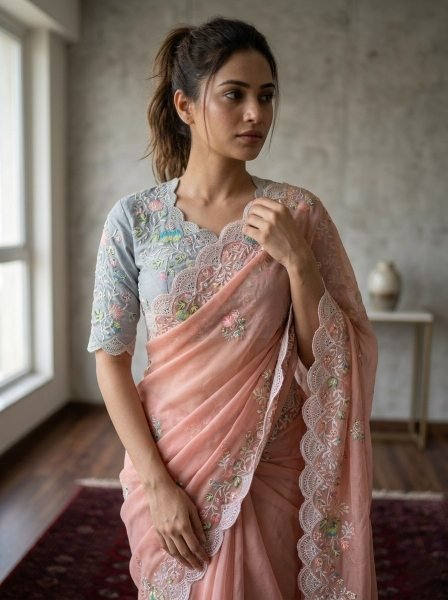 Dynamic Peach Embroidered Fox Georgette Saree with Designer Silk Blouse for Party Wear Silk Sarees Wholesale