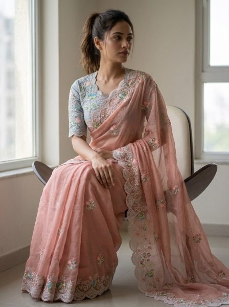 Dynamic Peach Embroidered Fox Georgette Saree with Designer Silk Blouse for Party Wear Silk Sarees Wholesale