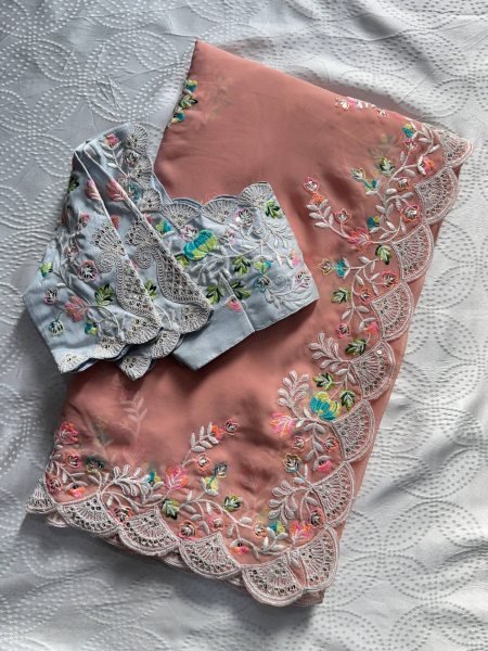 Dynamic Peach Embroidered Fox Georgette Saree with Designer Silk Blouse for Party Wear Silk Sarees Wholesale