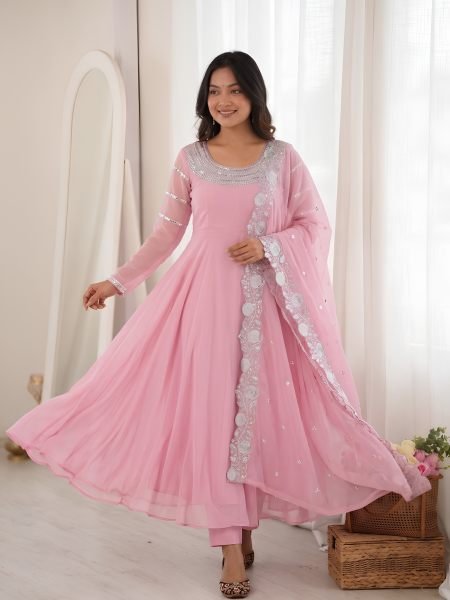 Dynamic Pink Designer Heavy Fox Georgette Embroidery Gown with Dupatta at Wholesale Rate Ready To Wear Suit