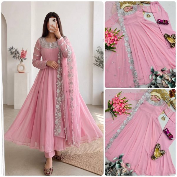 Dynamic Pink Designer Heavy Fox Georgette Embroidery Gown with Dupatta at Wholesale Rate Ready To Wear Collection