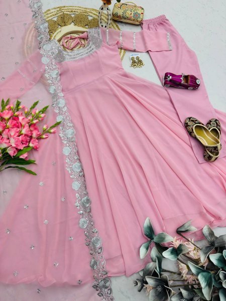 Dynamic Pink Designer Heavy Fox Georgette Embroidery Gown with Dupatta at Wholesale Rate Ready To Wear Collection