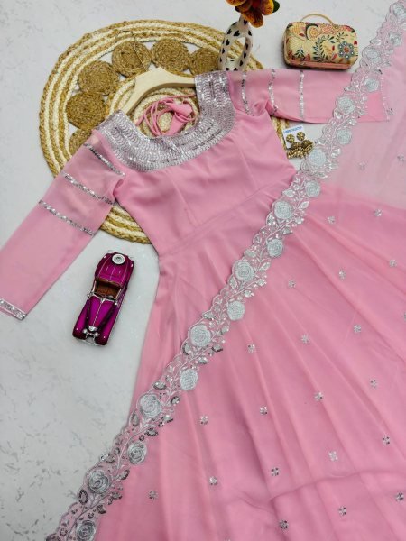 Dynamic Pink Designer Heavy Fox Georgette Embroidery Gown with Dupatta at Wholesale Rate Ready To Wear Collection