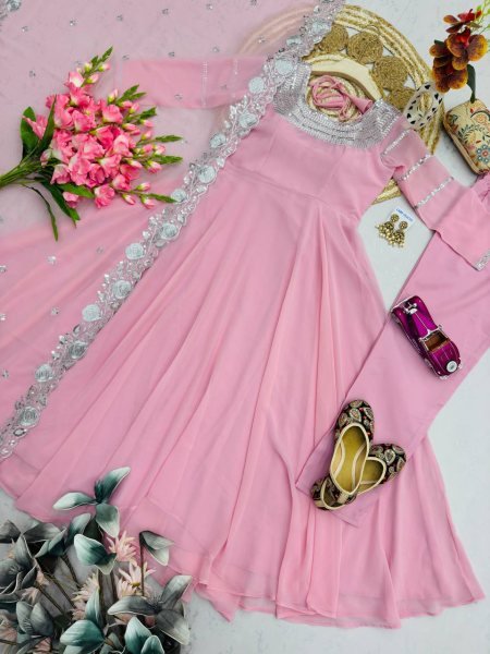 Dynamic Pink Designer Heavy Fox Georgette Embroidery Gown with Dupatta at Wholesale Rate Ready To Wear Collection