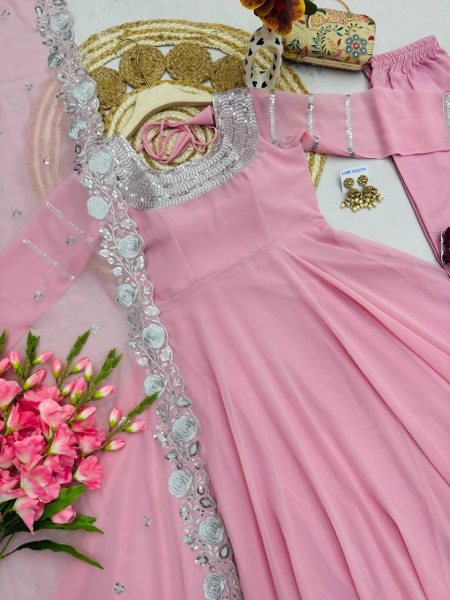 Dynamic Pink Designer Heavy Fox Georgette Embroidery Gown with Dupatta at Wholesale Rate Ready To Wear Collection