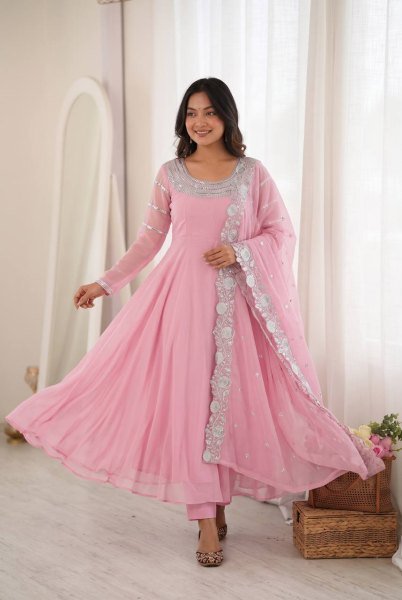 Dynamic Pink Designer Heavy Fox Georgette Embroidery Gown with Dupatta at Wholesale Rate Ready To Wear Collection