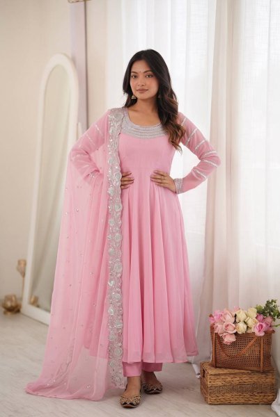 Dynamic Pink Designer Heavy Fox Georgette Embroidery Gown with Dupatta at Wholesale Rate Ready To Wear Collection