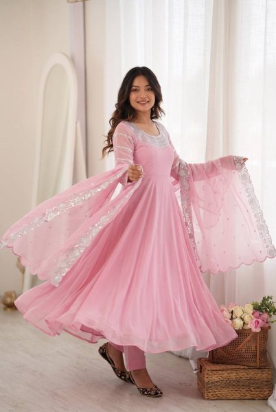 Dynamic Pink Designer Heavy Fox Georgette Embroidery Gown with Dupatta at Wholesale Rate Ready To Wear Collection