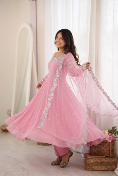 Dynamic Pink Designer Heavy Fox Georgette Embroidery Gown with Dupatta at Wholesale Rate Ready To Wear Collection