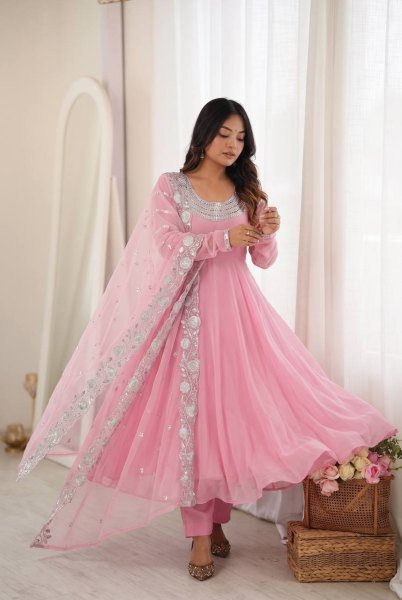 Dynamic Pink Designer Heavy Fox Georgette Embroidery Gown with Dupatta at Wholesale Rate Ready To Wear Collection