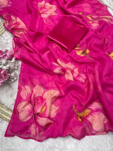 Dynamic Pink Soft Chiffon Saree with Embroidery Cutwork Border For Wedding 