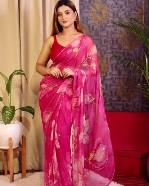 Dynamic Pink Soft Chiffon Saree with Embroidery Cutwork Border For Wedding Printed Cotton Sarees Wholesale