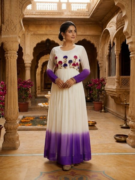 Dynamic Purple Women Designer Anarkali Style Gown with Wool Thread Embroidery 