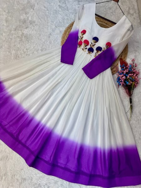 Dynamic Purple Women Designer Anarkali Style Gown with Wool Thread Embroidery Anarkali Kurtis 