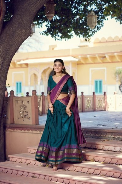 Dynamic Rama Designer Poly Dyeable Lehenga with Zari Woven Border and Dupatta at Whlesale  Half Saree Lehenga